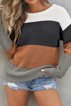 Hot Dear-Lover Color Block Knitted O-neck Pullover Sweater Chestnut