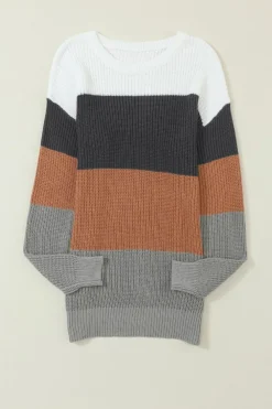 Hot Dear-Lover Color Block Knitted O-neck Pullover Sweater Chestnut