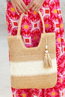 Best Dear-Lover Color Block Straw Woven Tassel Decor Tote Bag Chestnut