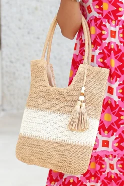 Best Dear-Lover Color Block Straw Woven Tassel Decor Tote Bag Chestnut