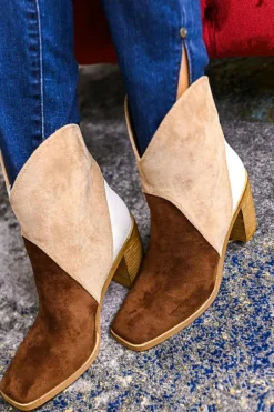 Clearance Dear-Lover Colorblock Suede Heeled Ankle Booties Chestnut