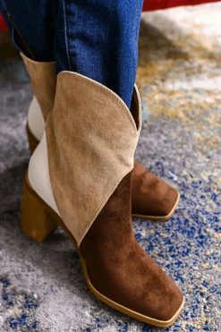 Clearance Dear-Lover Colorblock Suede Heeled Ankle Booties Chestnut