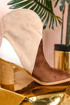 Clearance Dear-Lover Colorblock Suede Heeled Ankle Booties Chestnut