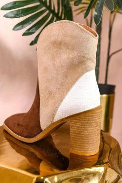 Clearance Dear-Lover Colorblock Suede Heeled Ankle Booties Chestnut