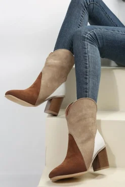 Clearance Dear-Lover Colorblock Suede Heeled Ankle Booties Chestnut