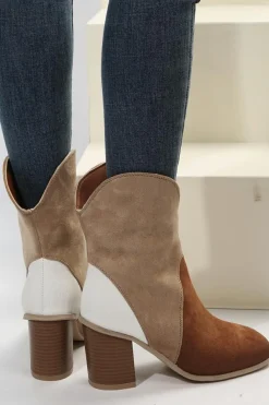 Clearance Dear-Lover Colorblock Suede Heeled Ankle Booties Chestnut
