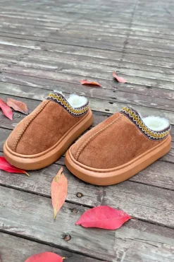 Sale Dear-Lover Contrast Edge Suede Plush Lined Thick Sole Winter Slippers Chestnut