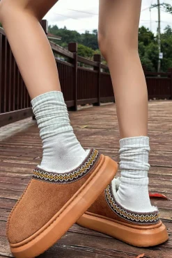 Sale Dear-Lover Contrast Edge Suede Plush Lined Thick Sole Winter Slippers Chestnut