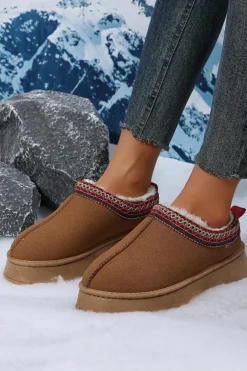 Clearance Dear-Lover Contrast Print Suede Plush Lined Snow Boots Chestnut