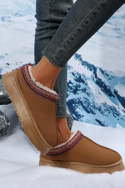 Clearance Dear-Lover Contrast Print Suede Plush Lined Snow Boots Chestnut