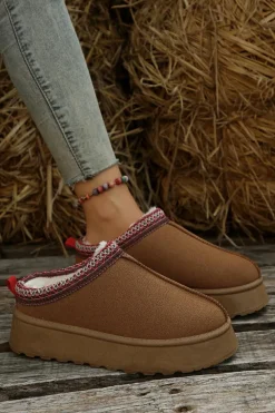 Clearance Dear-Lover Contrast Print Suede Plush Lined Snow Boots Chestnut