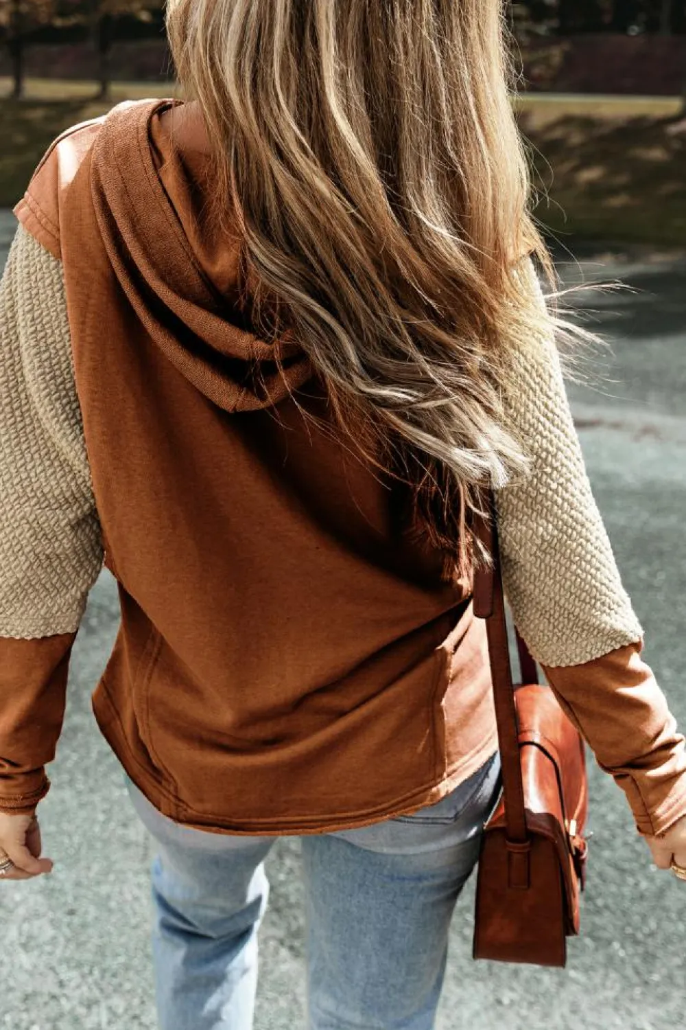 Fashion Dear-Lover Contrast Sleeves Patchwork Colorblock Hoodie Chestnut