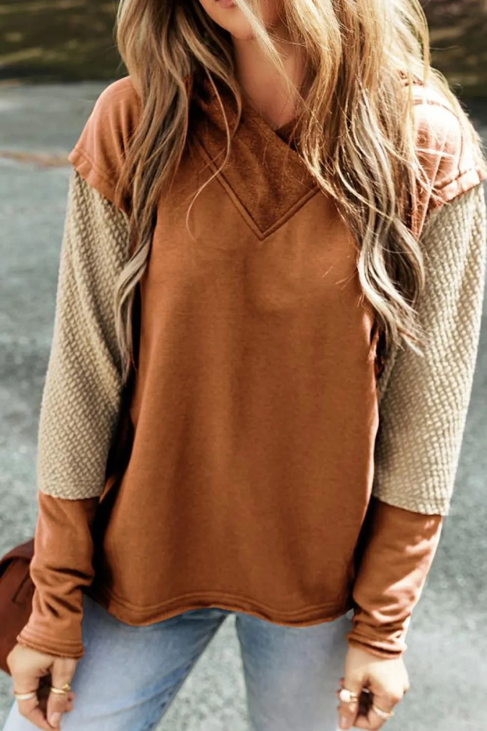 Fashion Dear-Lover Contrast Sleeves Patchwork Colorblock Hoodie Chestnut