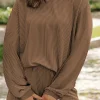 Best Dear-Lover Corded Knit Long Sleeve Top and High Waist Shorts Set Chestnut