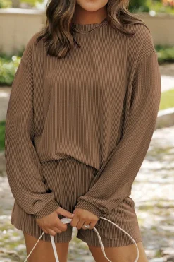 Best Dear-Lover Corded Knit Long Sleeve Top and High Waist Shorts Set Chestnut