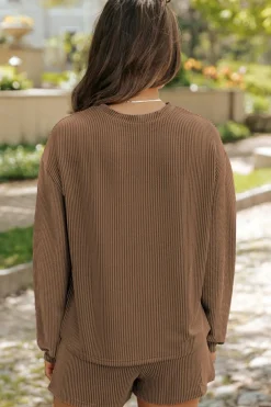 Best Dear-Lover Corded Knit Long Sleeve Top and High Waist Shorts Set Chestnut