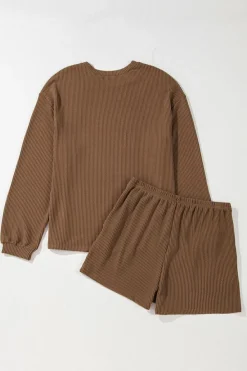 Best Dear-Lover Corded Knit Long Sleeve Top and High Waist Shorts Set Chestnut