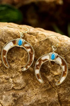 Online Dear-Lover Cow Print Turquoise Inlay Crescent Shaped Dangle Earrings Chestnut