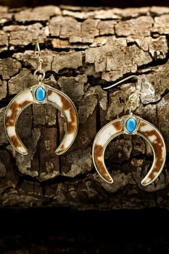 Online Dear-Lover Cow Print Turquoise Inlay Crescent Shaped Dangle Earrings Chestnut