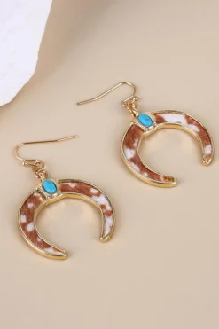 Online Dear-Lover Cow Print Turquoise Inlay Crescent Shaped Dangle Earrings Chestnut