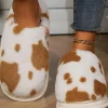 Best Dear-Lover Cow Spot Printed Plush Home Slippers Chestnut