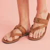 Online Dear-Lover Cross Toe Metal Buckle Leathered Flat Slippers Chestnut