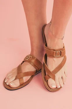 Online Dear-Lover Cross Toe Metal Buckle Leathered Flat Slippers Chestnut