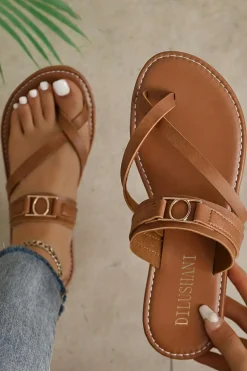 Online Dear-Lover Cross Toe Metal Buckle Leathered Flat Slippers Chestnut