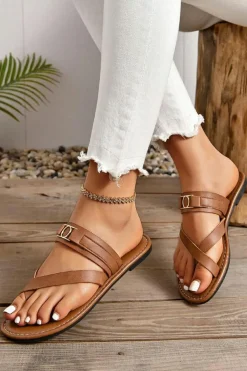 Online Dear-Lover Cross Toe Metal Buckle Leathered Flat Slippers Chestnut