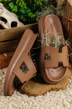 Outlet Dear-Lover Cutout Design Open Toe Platform Slippers (Run Small, Size Up) Chestnut