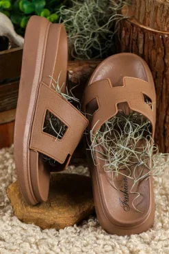 Outlet Dear-Lover Cutout Design Open Toe Platform Slippers (Run Small, Size Up) Chestnut
