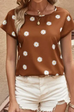 Hot Dear-Lover Daisy Print Short Sleeve Top Chestnut