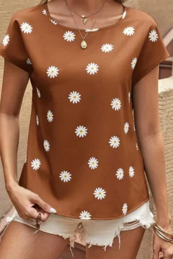 Hot Dear-Lover Daisy Print Short Sleeve Top Chestnut