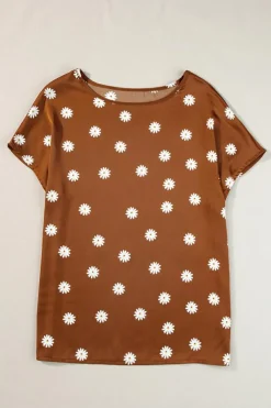 Hot Dear-Lover Daisy Print Short Sleeve Top Chestnut