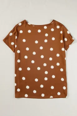 Hot Dear-Lover Daisy Print Short Sleeve Top Chestnut