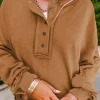 Fashion Dear-Lover Drop Shoulder Henley Buttons Sweatshirt Chestnut