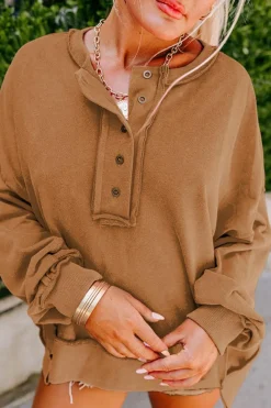 Fashion Dear-Lover Drop Shoulder Henley Buttons Sweatshirt Chestnut