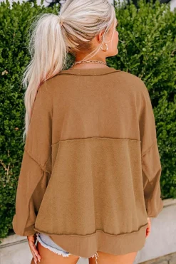 Fashion Dear-Lover Drop Shoulder Henley Buttons Sweatshirt Chestnut