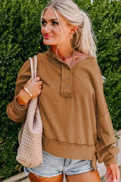 Fashion Dear-Lover Drop Shoulder Henley Buttons Sweatshirt Chestnut