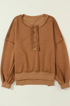 Fashion Dear-Lover Drop Shoulder Henley Buttons Sweatshirt Chestnut