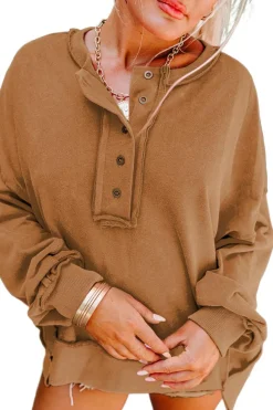 Fashion Dear-Lover Drop Shoulder Henley Buttons Sweatshirt Chestnut
