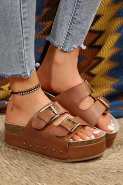 New Dear-Lover Dual Buckle Studded Platform Sandal Slippers Chestnut