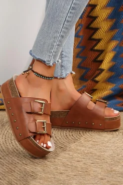 New Dear-Lover Dual Buckle Studded Platform Sandal Slippers Chestnut