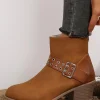 New Dear-Lover Eyelet Buckled Chunky Heel Faux Leather Ankle Boots Chestnut