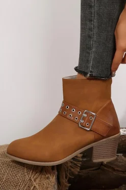 New Dear-Lover Eyelet Buckled Chunky Heel Faux Leather Ankle Boots Chestnut