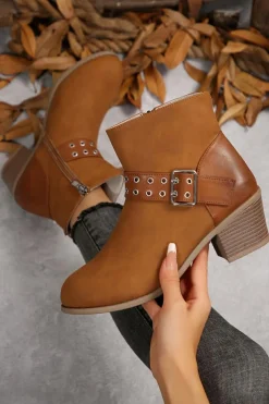 New Dear-Lover Eyelet Buckled Chunky Heel Faux Leather Ankle Boots Chestnut