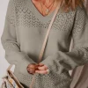 Clearance Dear-Lover Eyelet Pattern Detail V Neck Drop Shoulder Sweater Chestnut