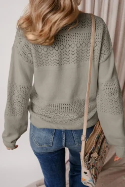 Clearance Dear-Lover Eyelet Pattern Detail V Neck Drop Shoulder Sweater Chestnut