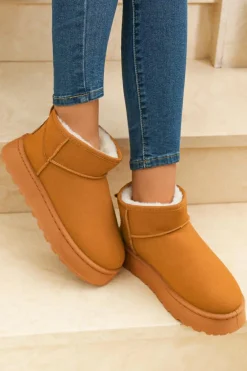 Fashion Dear-Lover Faux Fur Lined Suede Ankle Snow Boots Chestnut