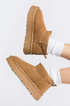 Fashion Dear-Lover Faux Fur Lined Suede Ankle Snow Boots Chestnut